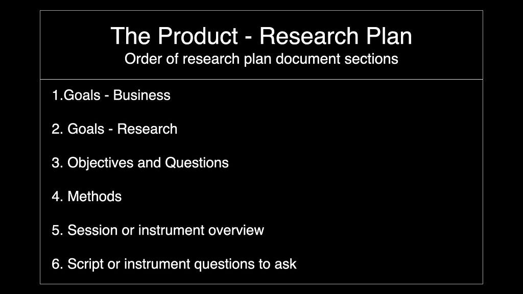 The Product — Research Plan Order of research plan document sections. Goals — Business Goals — Research. Objectives and Questions. Methods. Session or instrument overview. Script or instrument questions to ask.