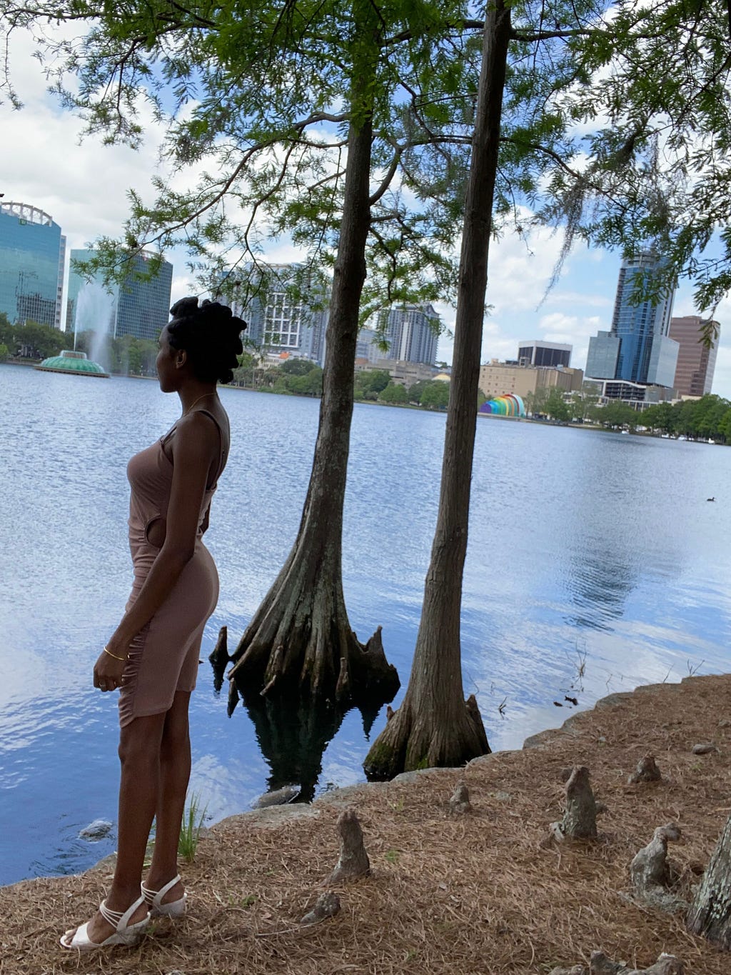 Image of Lake Eola and the city of Orlando downtown on April 22nd, the authors birthday. The author is standing in a beige dress contemplating the park.