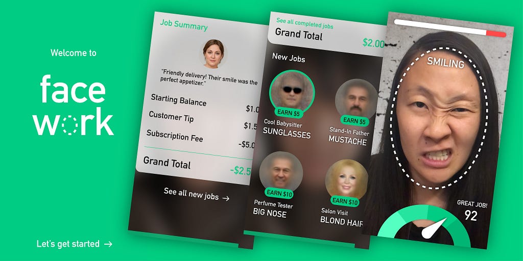 Three screenshots from the game showing customer tips, job selection, and face audition ratings.