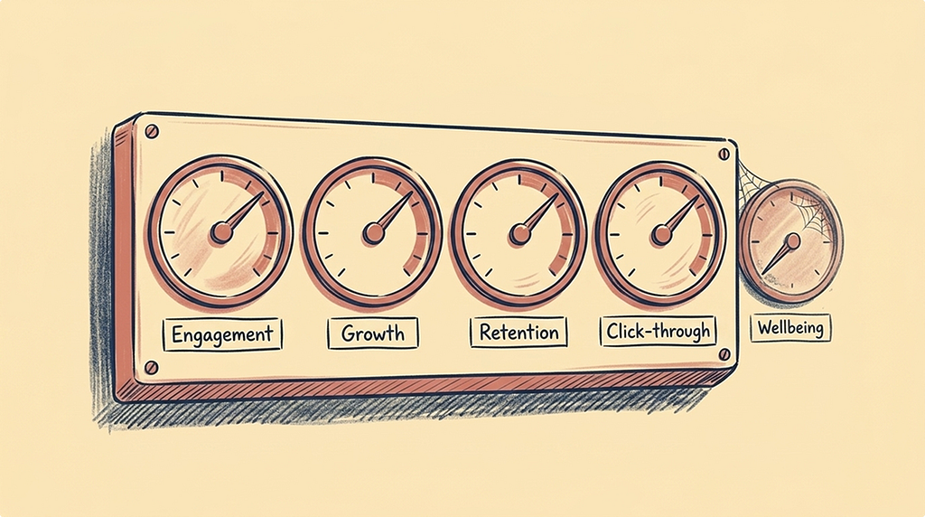 Illustration of a control panel with four large dials labelled Engagement, Growth, Retention, and Click-through. A smaller fifth dial sits separately to the side, labelled Wellbeing, partly covered in a cobweb and pointing downward.