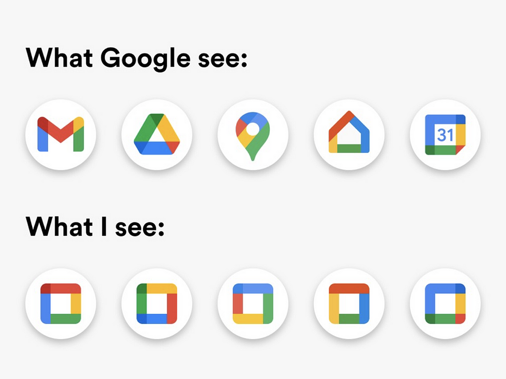 A meme with the Google Workspace icons and how, to one Reddit user, all the icons look like dientical boxes