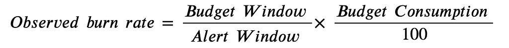 Burn Rate Equation: Observed burn rate = (budget window / alert window) * (budget consumption / 100)