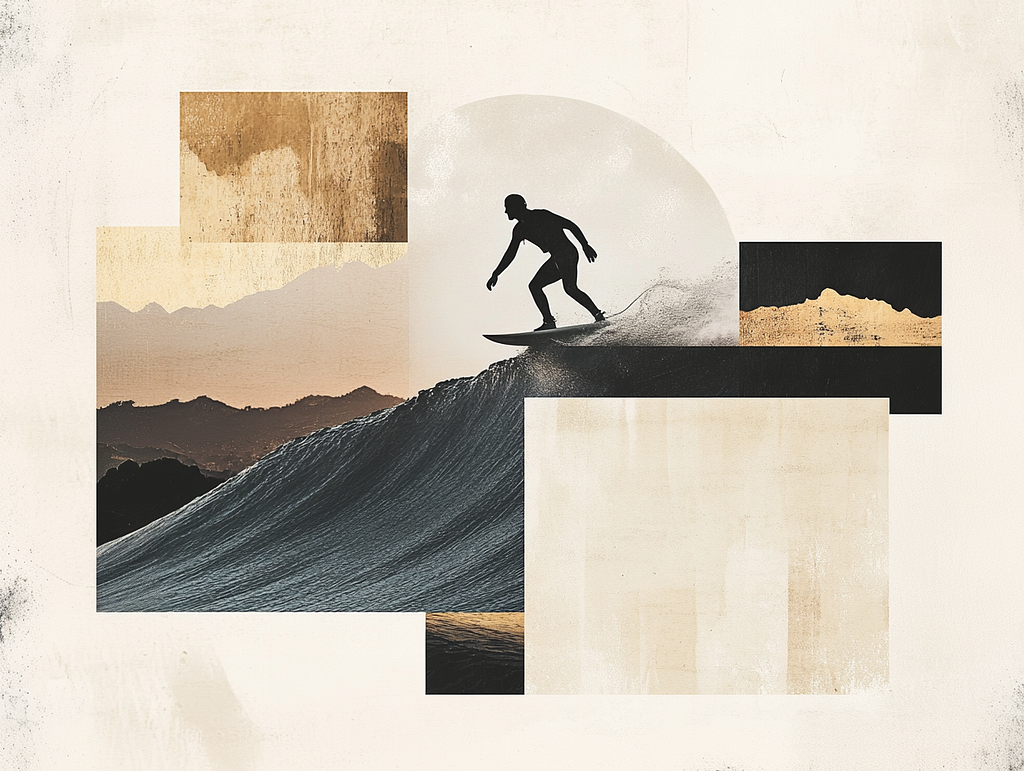 Illustration of a surfer riding a wave in a collage art style