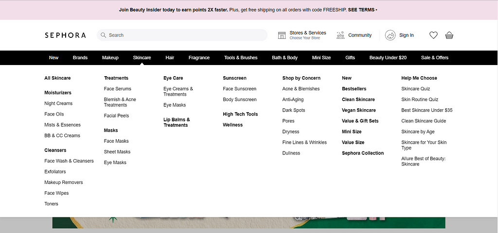 Sephora website — dropdown categories