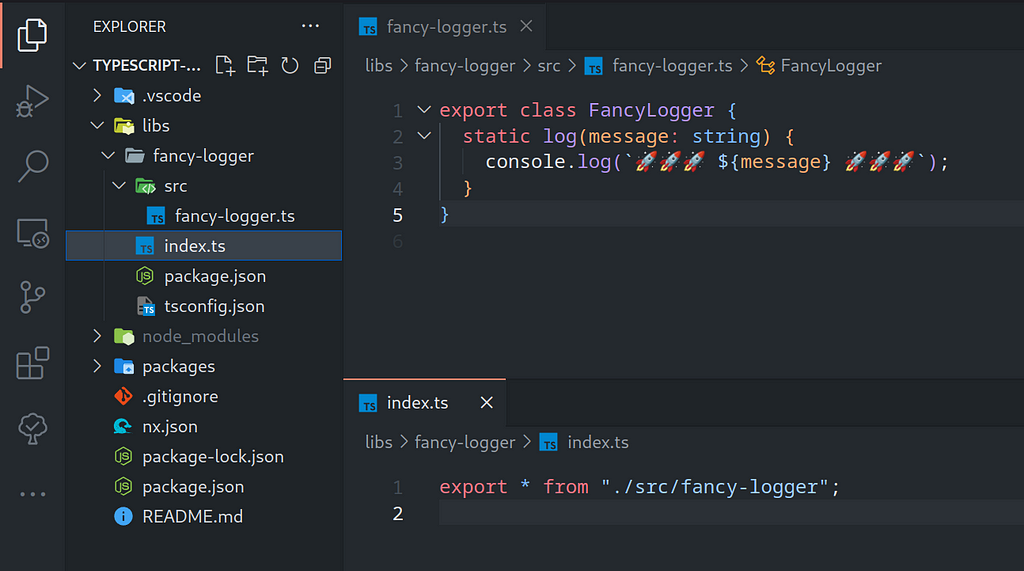An overview of the folder structure, fancy-logger class, and the index.ts file showing how that class is exported