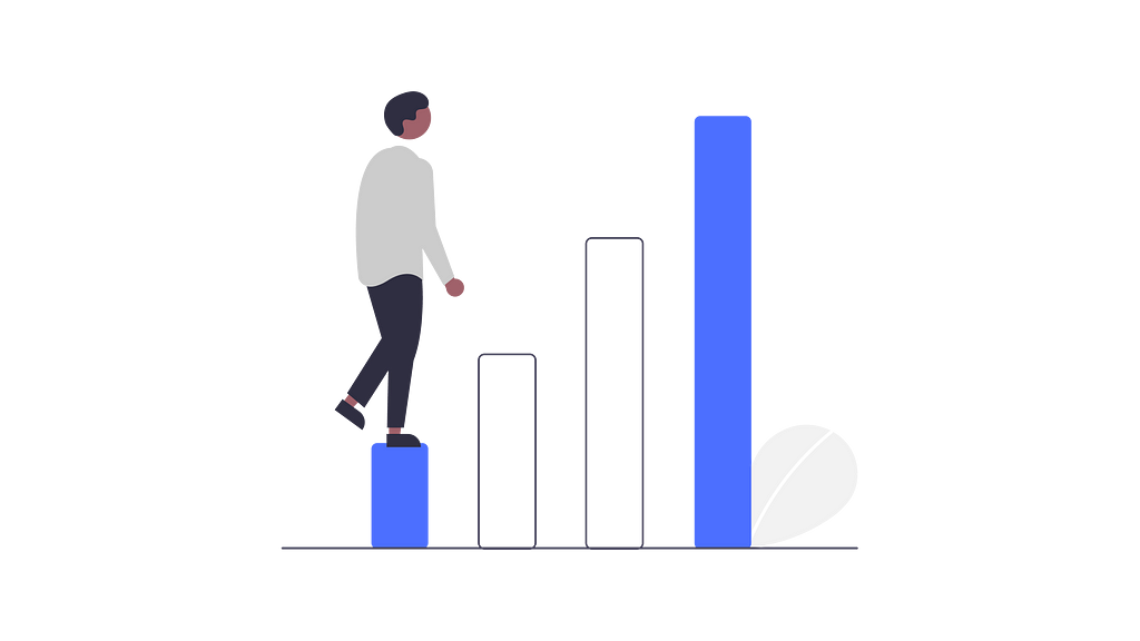 Ilustração de uma pessoa de pé no gráfico de barras, buscando evoluir e alcançar seu objetivo.
