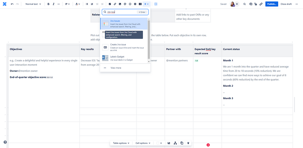 Automate OKR Confluence template with Jira macros