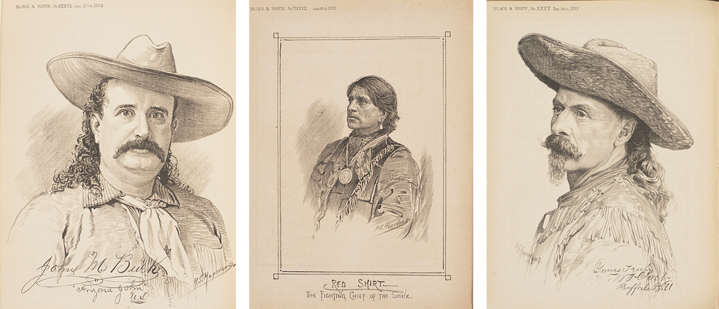Three adjacent portraits. A traditionally dressed male Native American is flanked by two moustached men in cowboy hats.