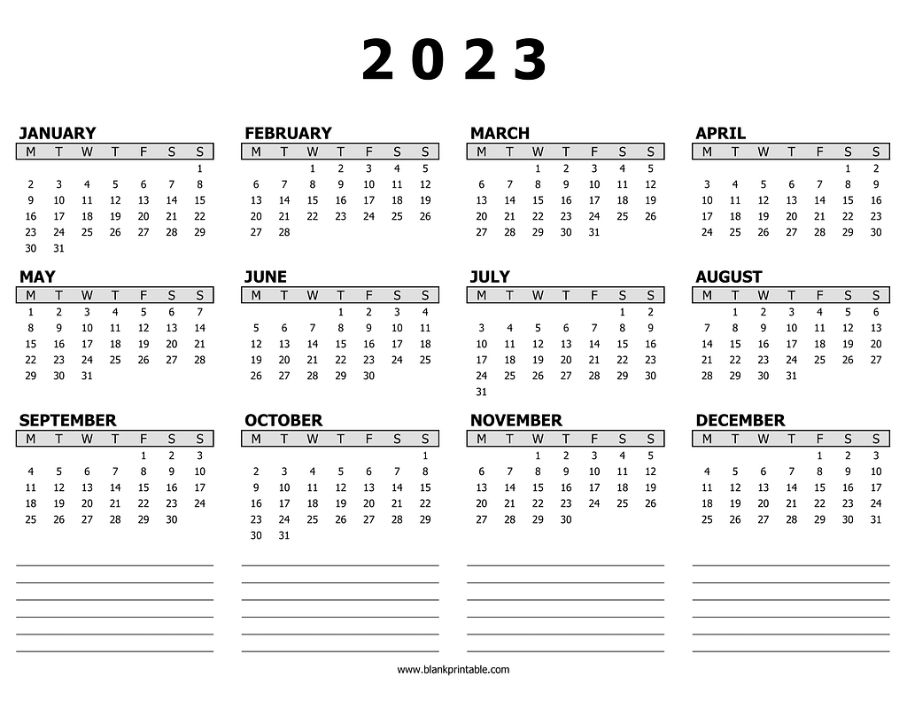 Printable 2023 Calendar Template with Notes