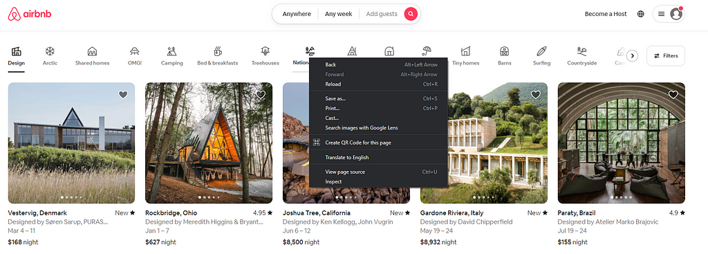 Screenshot of Airbnb homepage with the cursor menu showing no option to make a new tab