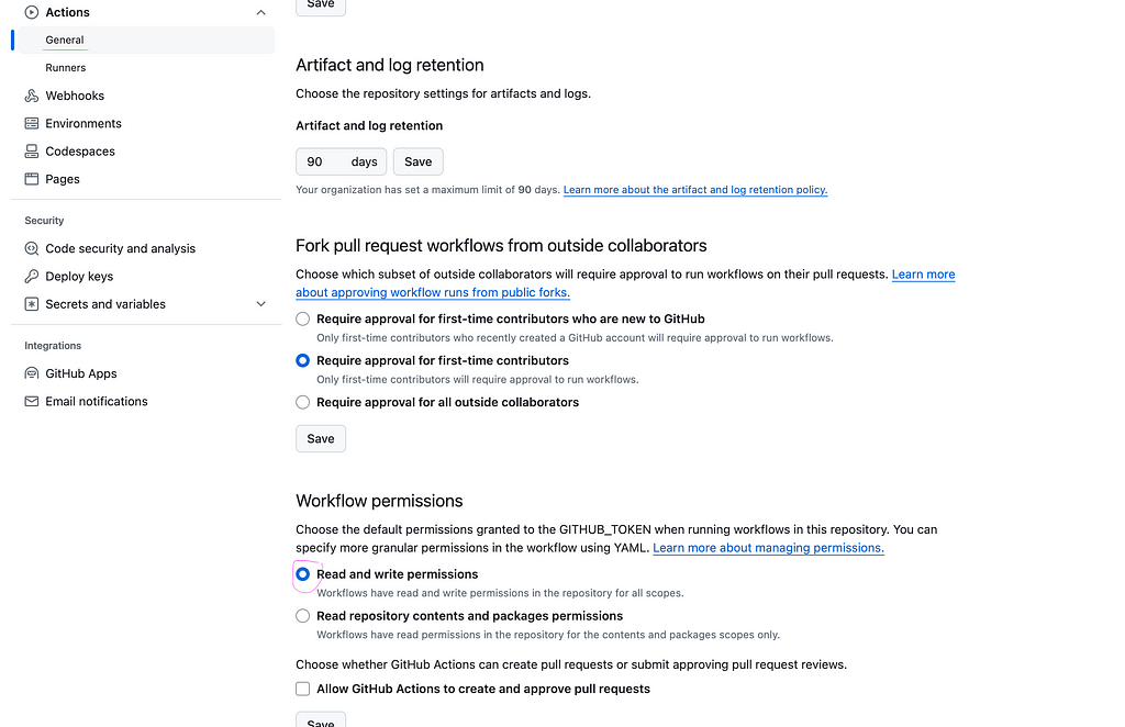 Screenshot showing how to navigate to repository settings, access Actions settings, and set workflow permissions in GitHub, made by the author