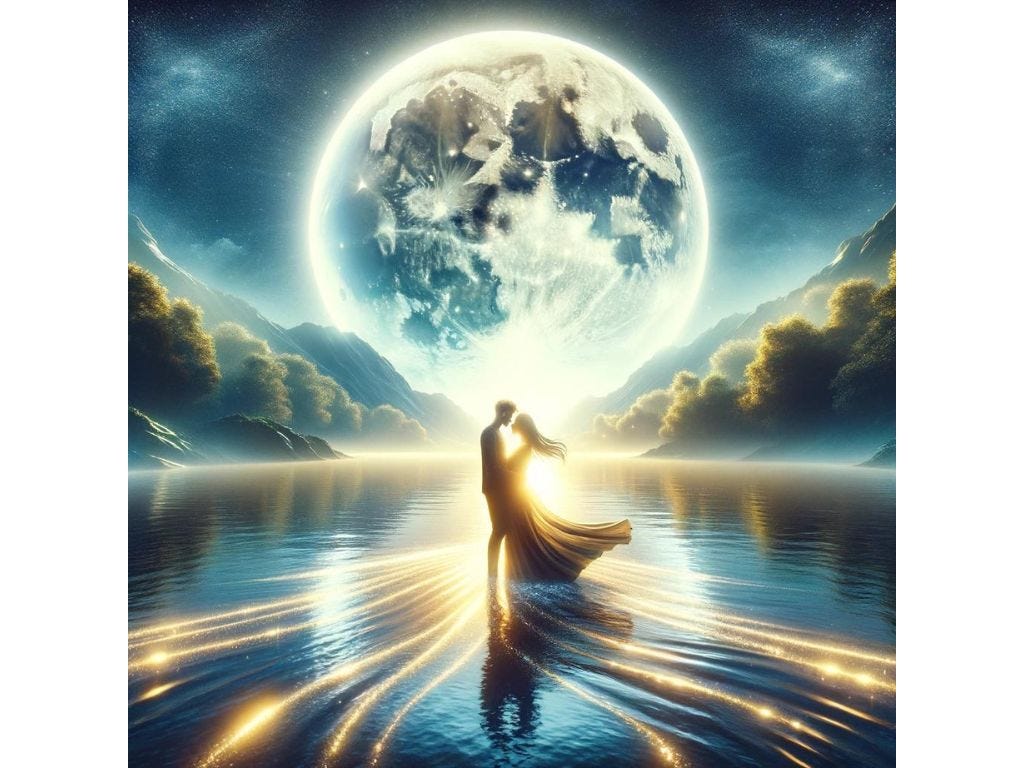 A couple embraces under a full moon reflecting on a serene lake, symbolizing deep emotional fulfillment with a moon phase soulmate