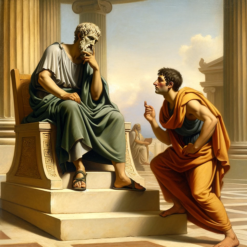 Zeno, all agitated, speaks to Parmenidess, motionless