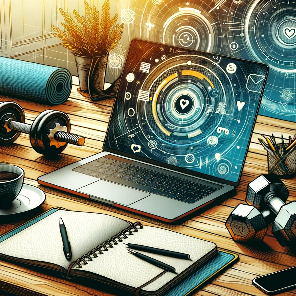 An illustration of a laptop with a screen of different technology elements swirling around. Laptop is sitting on a desk surrounded by a cup of coffee, notebook, pencils in holder, weights (oddly enough), and a yoga mat. Because, why wouldn’t you have a yoga mat and weights next to your laptop? (Laughy face)