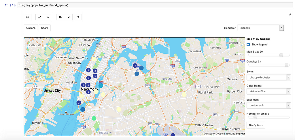 map of New York City showing top cab spots on a weekend.