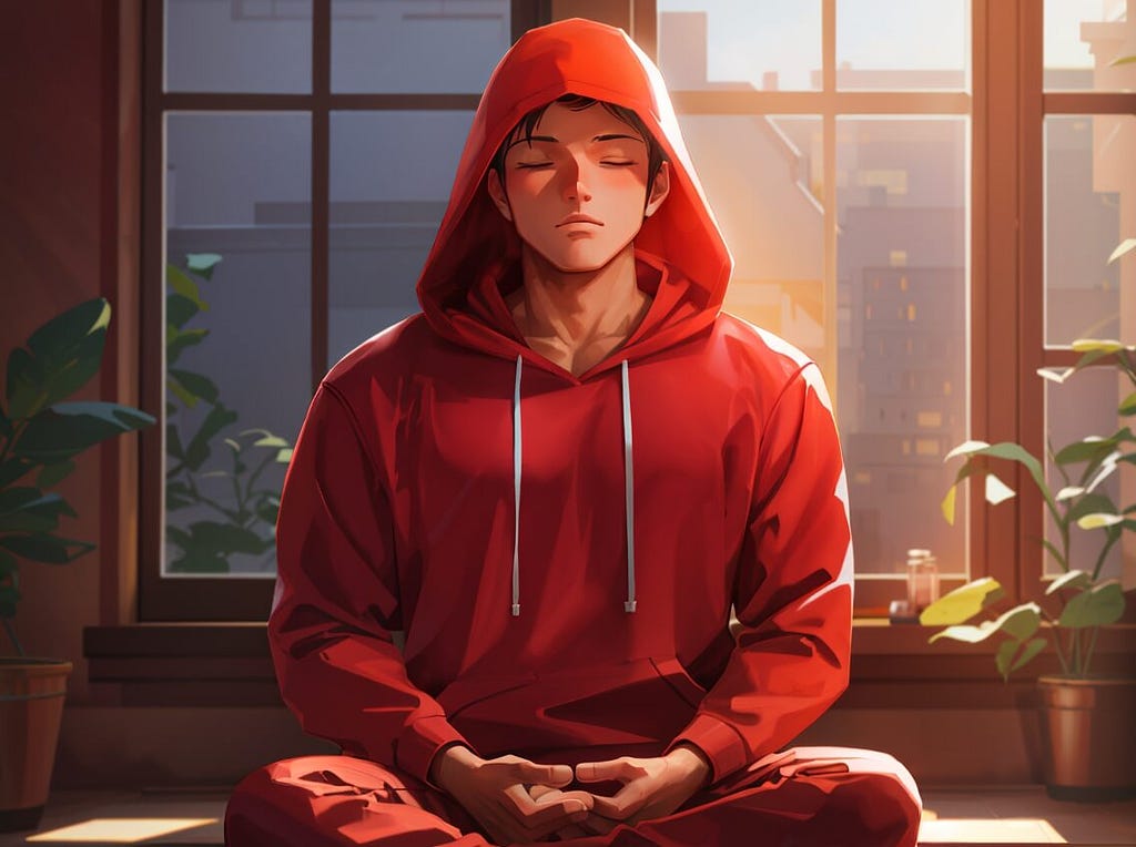 An anime-guy male in a red hoodie doing meditation in a quite room with closed eyes
