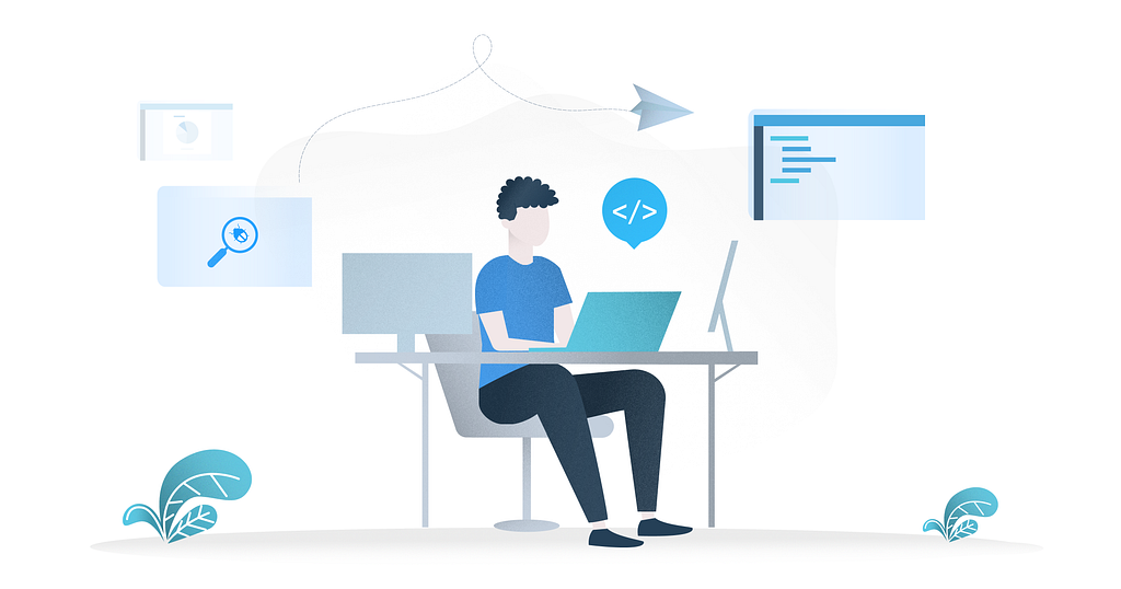 The image is an illustration of a developer sitting at a desk, working at the laptop and using Postman to monitor the API.