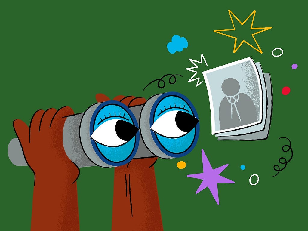 Illustration of hands holding binoculars with eyes, looking at a floating photo of a person.