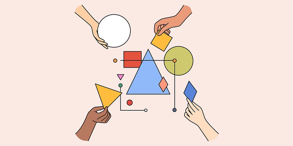Diverse people team connect geometric shapes