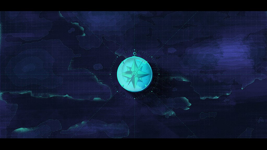 Style frame of the first shot of “Flow”. A light blue compass floating above a topographic ocean.