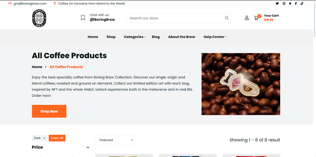 Shopping page of boring coffee