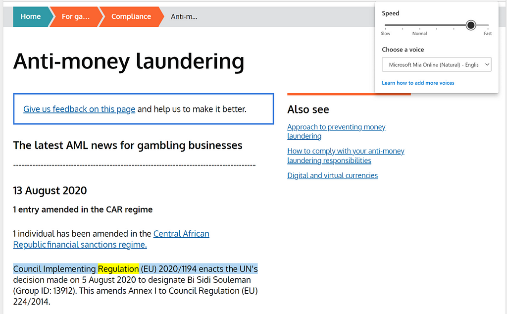 A screenshot of the current anti-money laundering page on the website being read by a screen reader