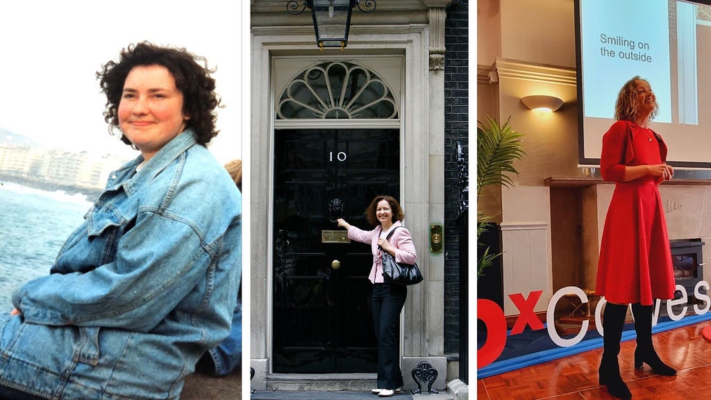 Overweight binge-eater smiling on the outside. Slim woman visiting Downing Street. Woman giving TEDx speech.