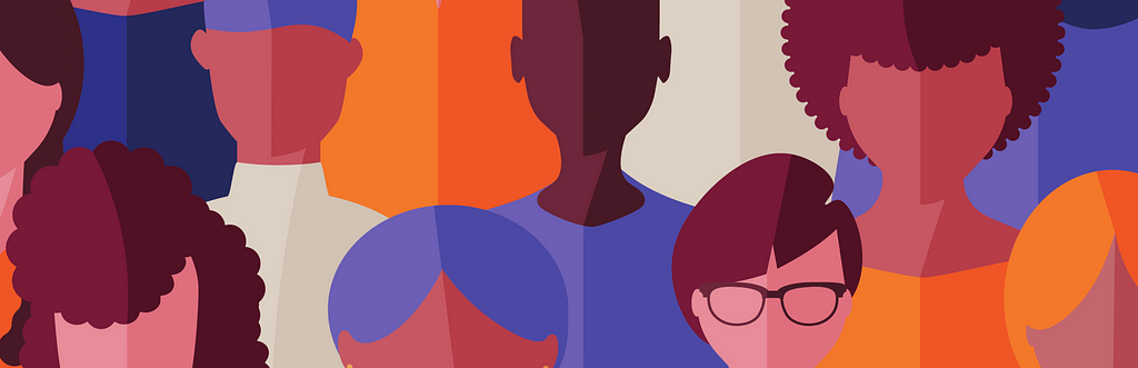 Ilustração digital que mostra a silhueta de várias pessoas, em cores vibrantes e traços simples.