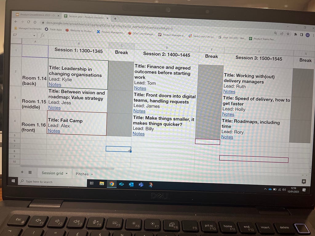 A picture of a laptop screen showing the sessions that were generated for the unconference