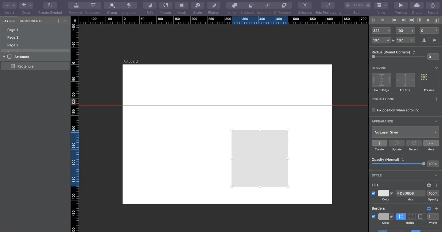 Visually demonstrating how to create a guide using rulers in Sketch.
