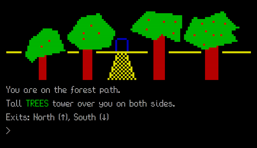 An image of a text adventure, showing a path through a forest leading to a cave opening