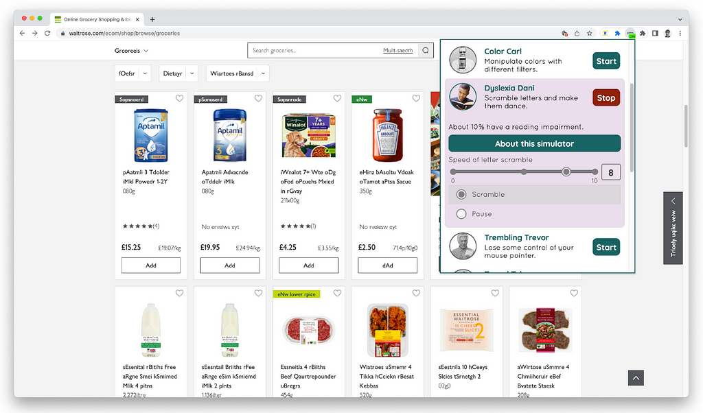 Waitrose groceries homepage open in a Chrome browser. In the toolbar the Funkify extension has been activated, displaying a popup where the “Dyslexia Dani” persona has been activated. The letters in the text on the Waitrose page is slightly jumbled.