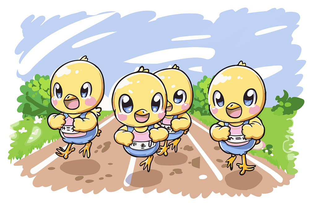 Cute illustration of 4 baby chicks racing on a running track