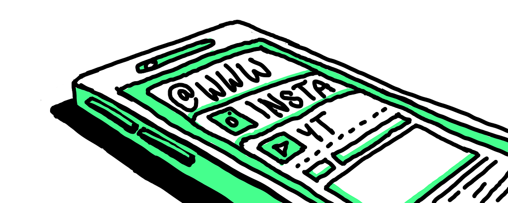 Doodle drawing of a phone with three opens tabs: www; Instagram; Youtube