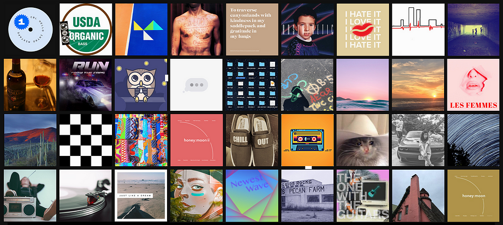 Large grid of thumbnail-size square album covers designed by employees at Indeed to go with their Spotify playlists