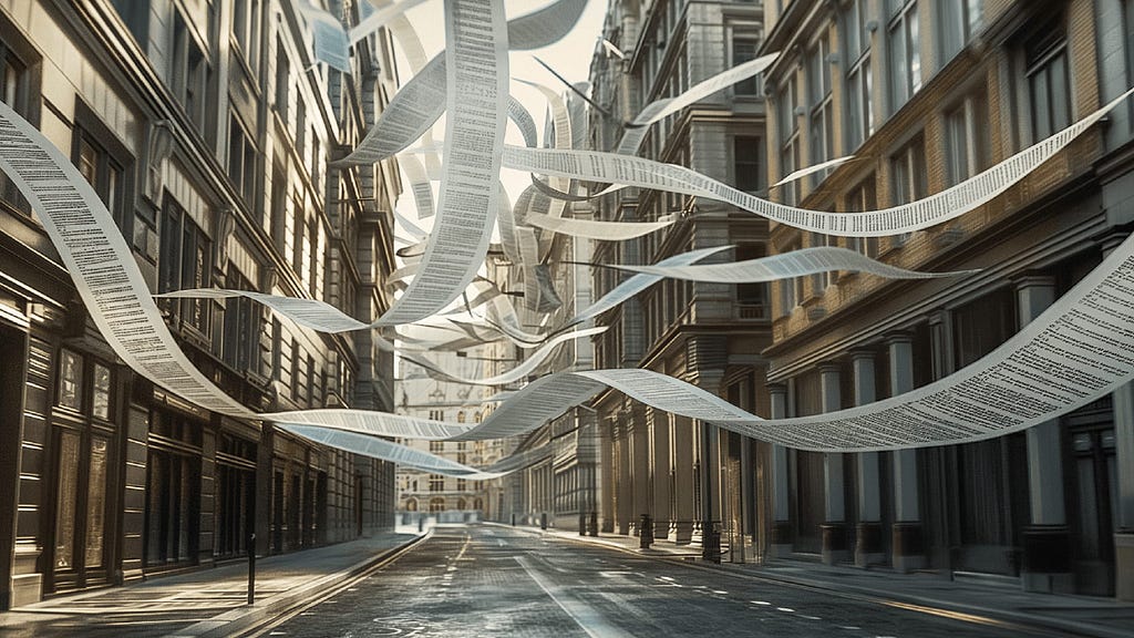 Endless strips of paper to-do lists as high as the buildings themselves are floating wildly through a street in London.