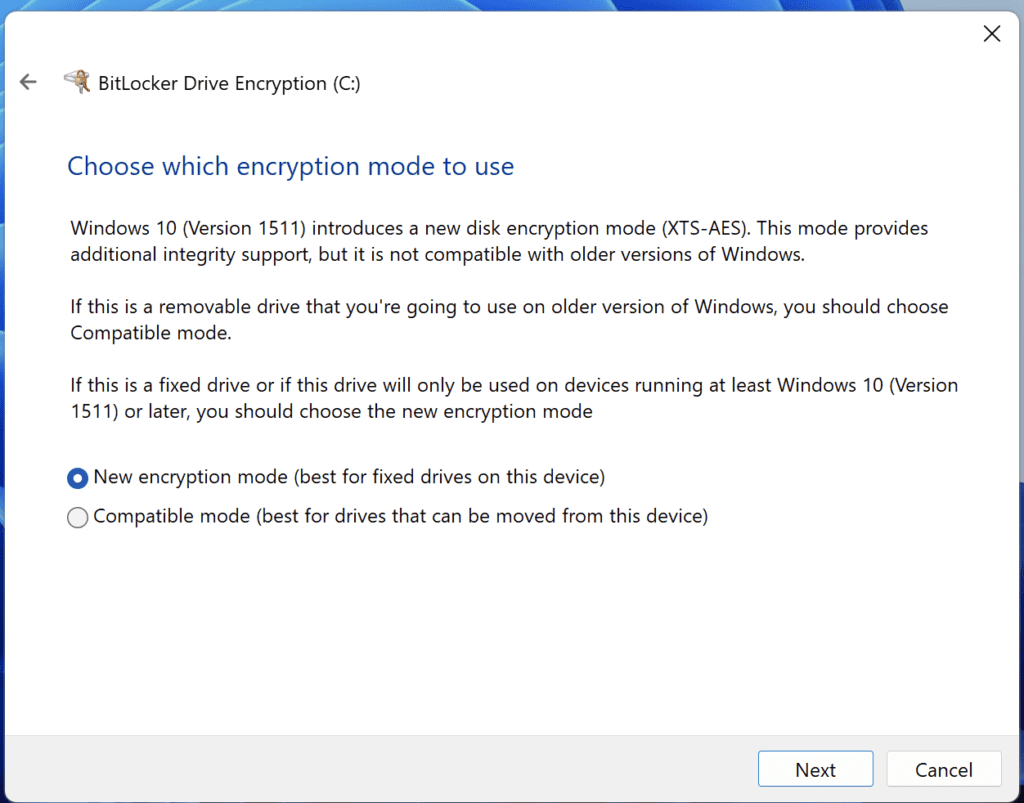 Select appropriate encryption mode and click on ‘Next’