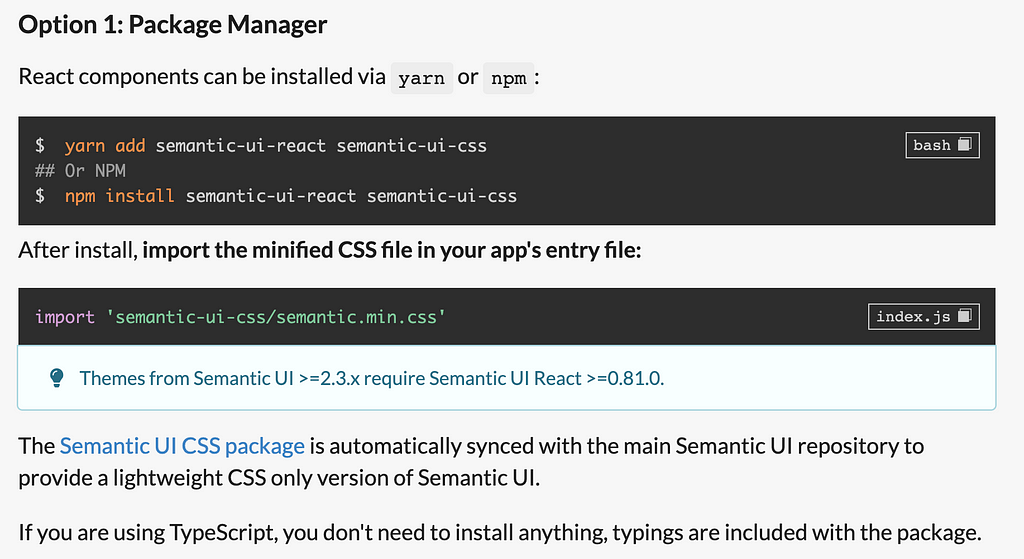 Screenshot of the first option for installing Semantic UI React.