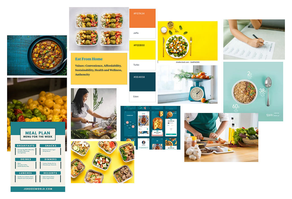 Mood board that has various images of food, planner, user interface of exisiting food apps, weighing scales, everything in shades of teal, orange and yellow reflecting the brand colors I want to work with