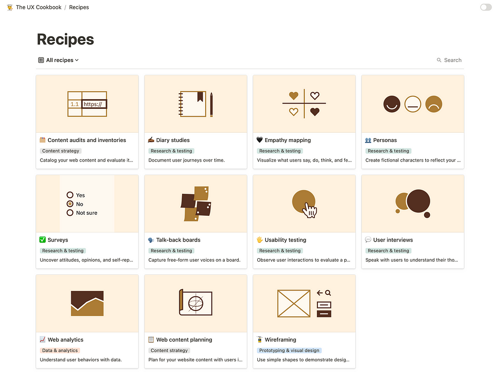 The UX Cookbook’s pre-2022 s’mores branding with recipe covers made with geometric elements in gold, beige, and brown colors