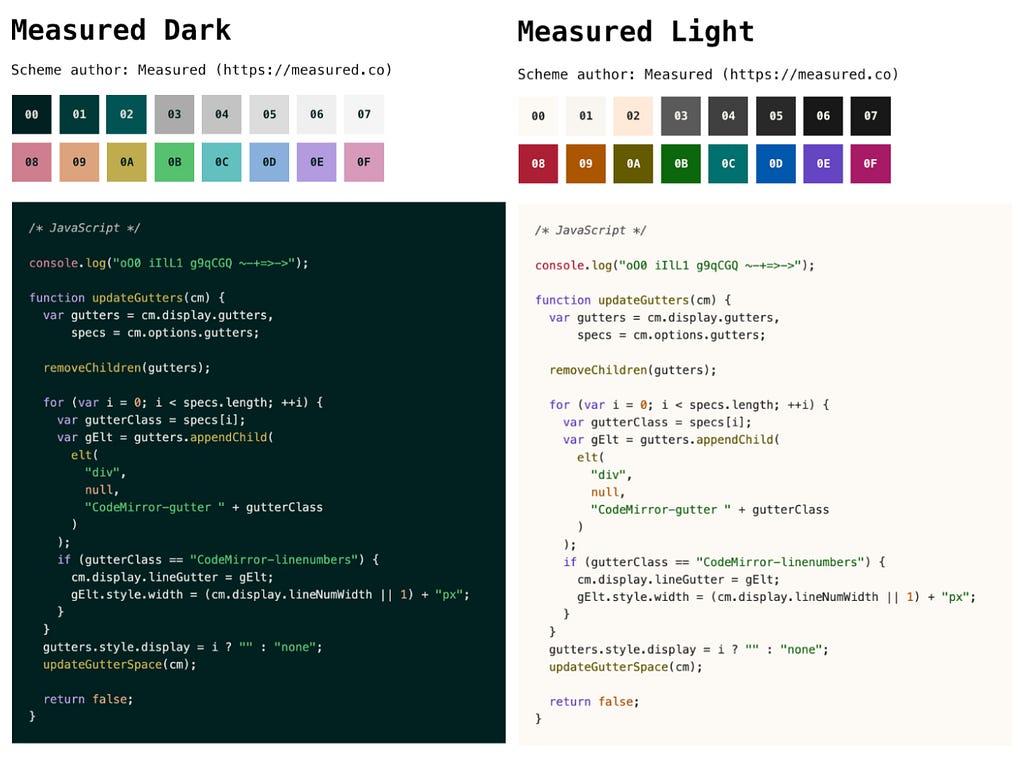 Measured Base16 colour schemes with code examples