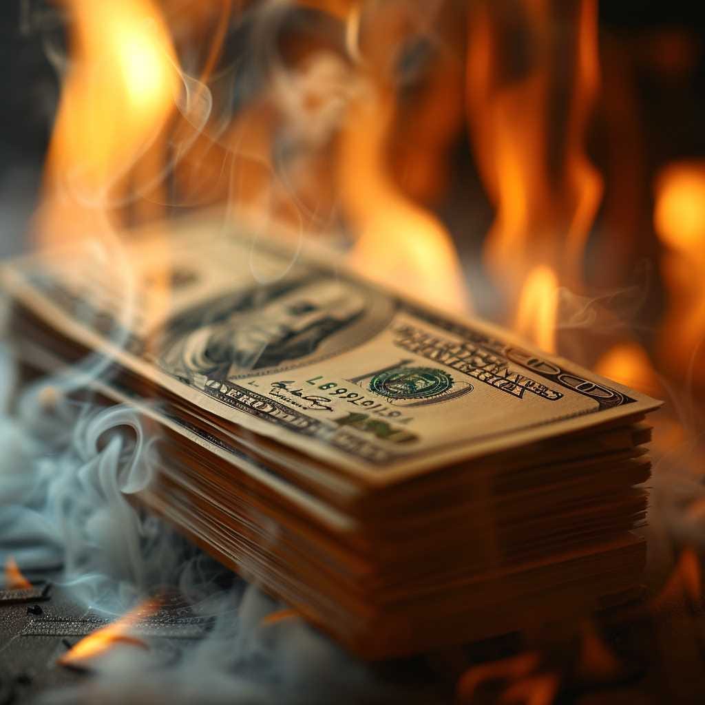 A stack of burning $100 bills.