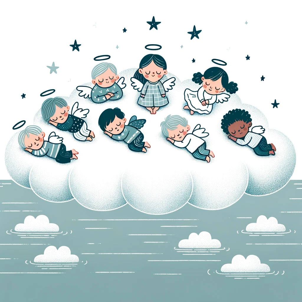 Group of children peacefully sleeping on a floating cloud, with some adorned with halos as early sleep champions and others with adaptive wings as adaptive sleepers