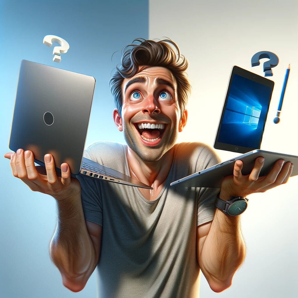 man with a happy expression is holding a 2-in-1 laptop in one hand while juggling a separate laptop and a tablet in the other hand, looking confused. The background is bright and simple, highlighting the dilemma of choosing between a 2-in-1 laptop and separate devices.