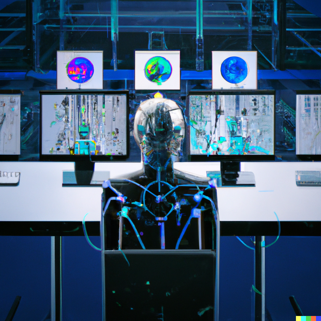 Robot sitting in front of computer screens