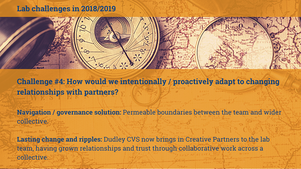 Image of an old fashioned map, compass and magnifying glass with text overlaid: “Challenge #4: How would we intentionally / proactively adapt to changing relationships with partners? Navigation / governance solution: permeable boundaries. Lasting change and ripples: Dudley CVS now brings in Creative Partners to the lab team, having grown relationships and trust through collaborative work across a collective.”