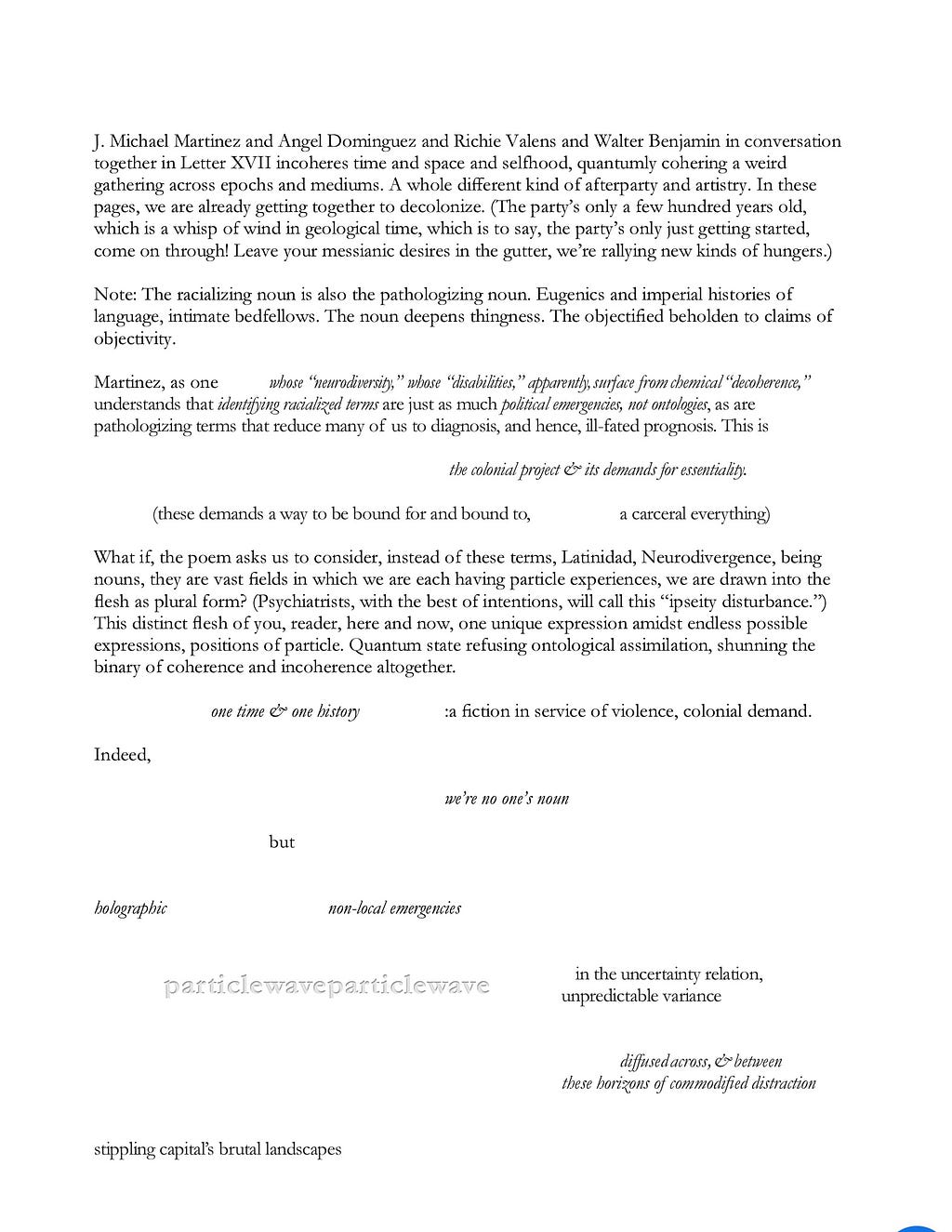 Page 1 of 3 of heidi andrea restrepo rhodes’ response to J. Michael Martinez’ poem, Letter XVII. Posted as PDF to preserve unique layout of writing. For accessible text see below images.