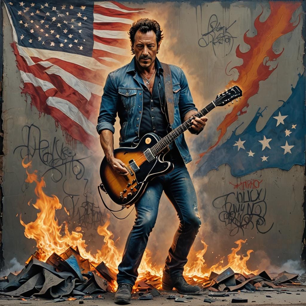 A facsimile of Bruce Springsteen playing guitar while engulfed in flames in front of an American flag, a reference to the literary figure, Faust…