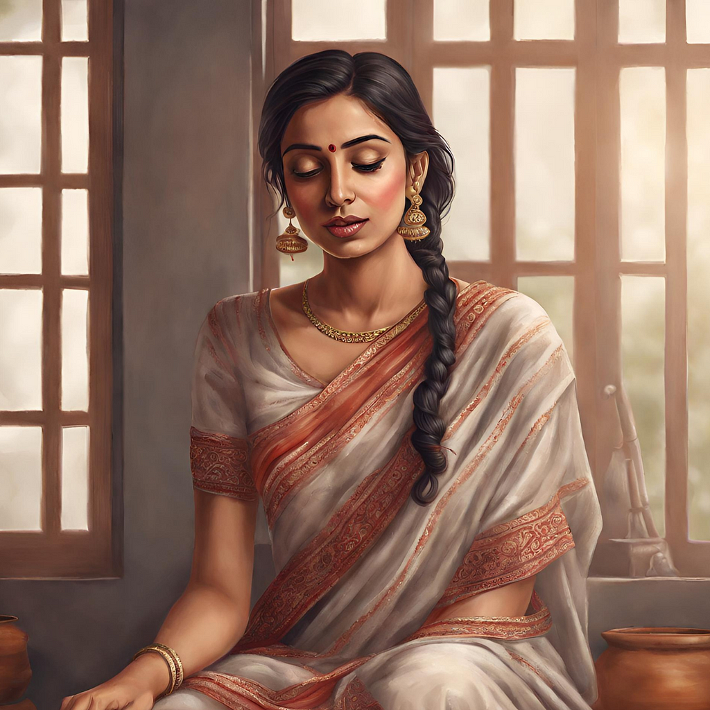 Woman wearing saree, closed eyes, seated position, singing — AI generated image