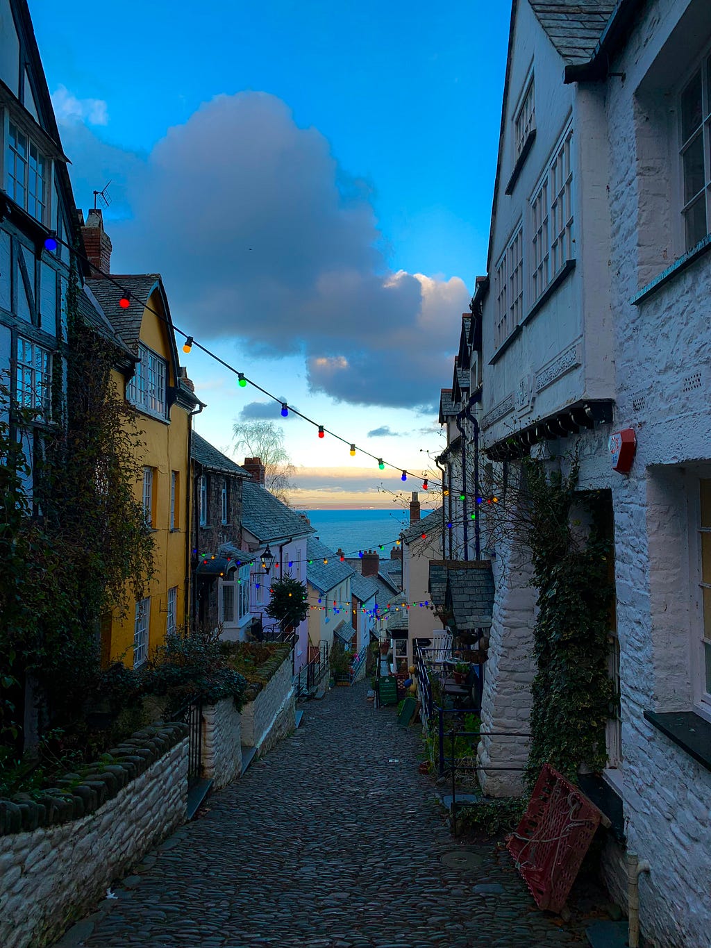View of a picturesque street in Clovelly, Devon.